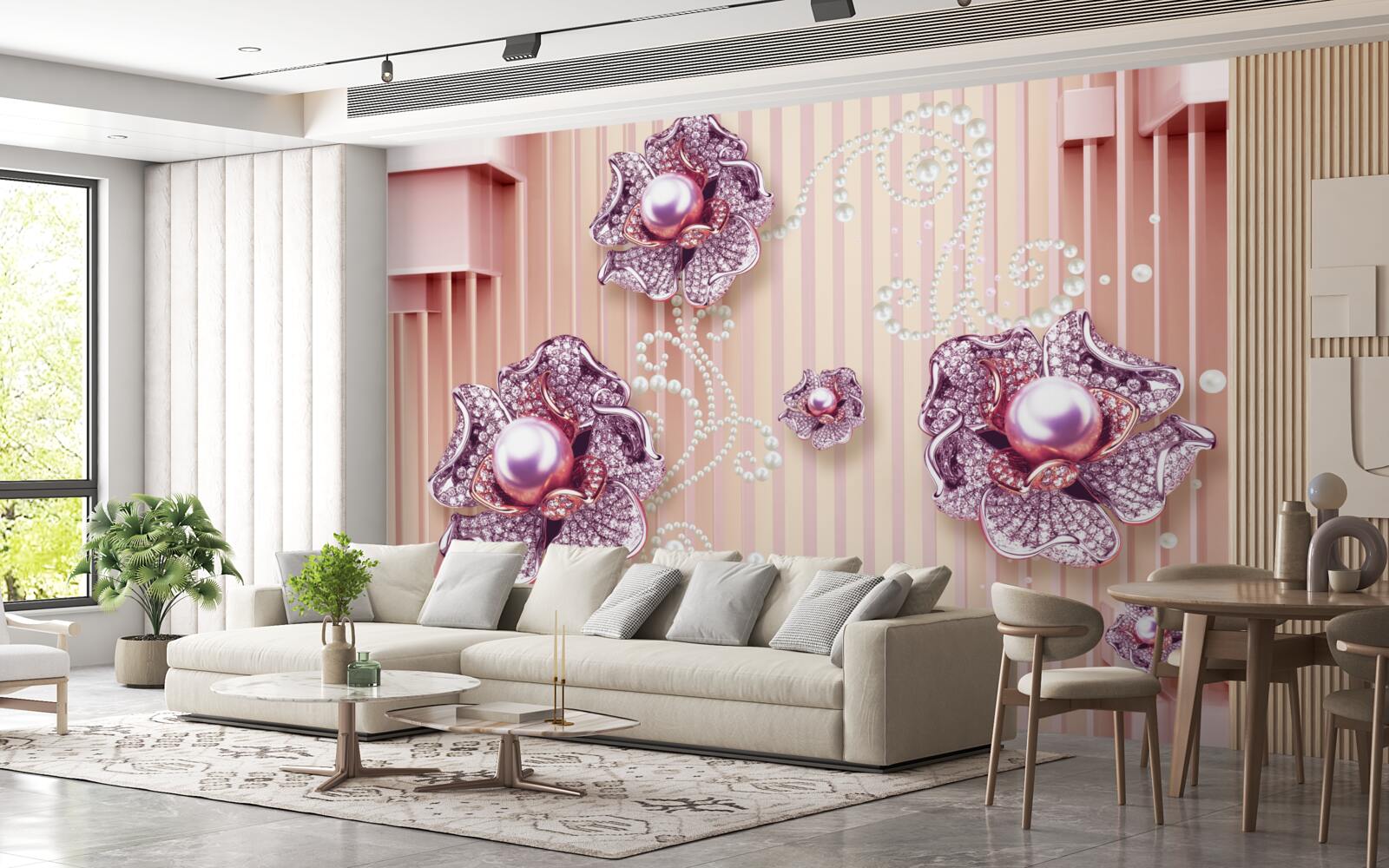 Carta da parati Fiori di diamanti e perle su sfondo rosa