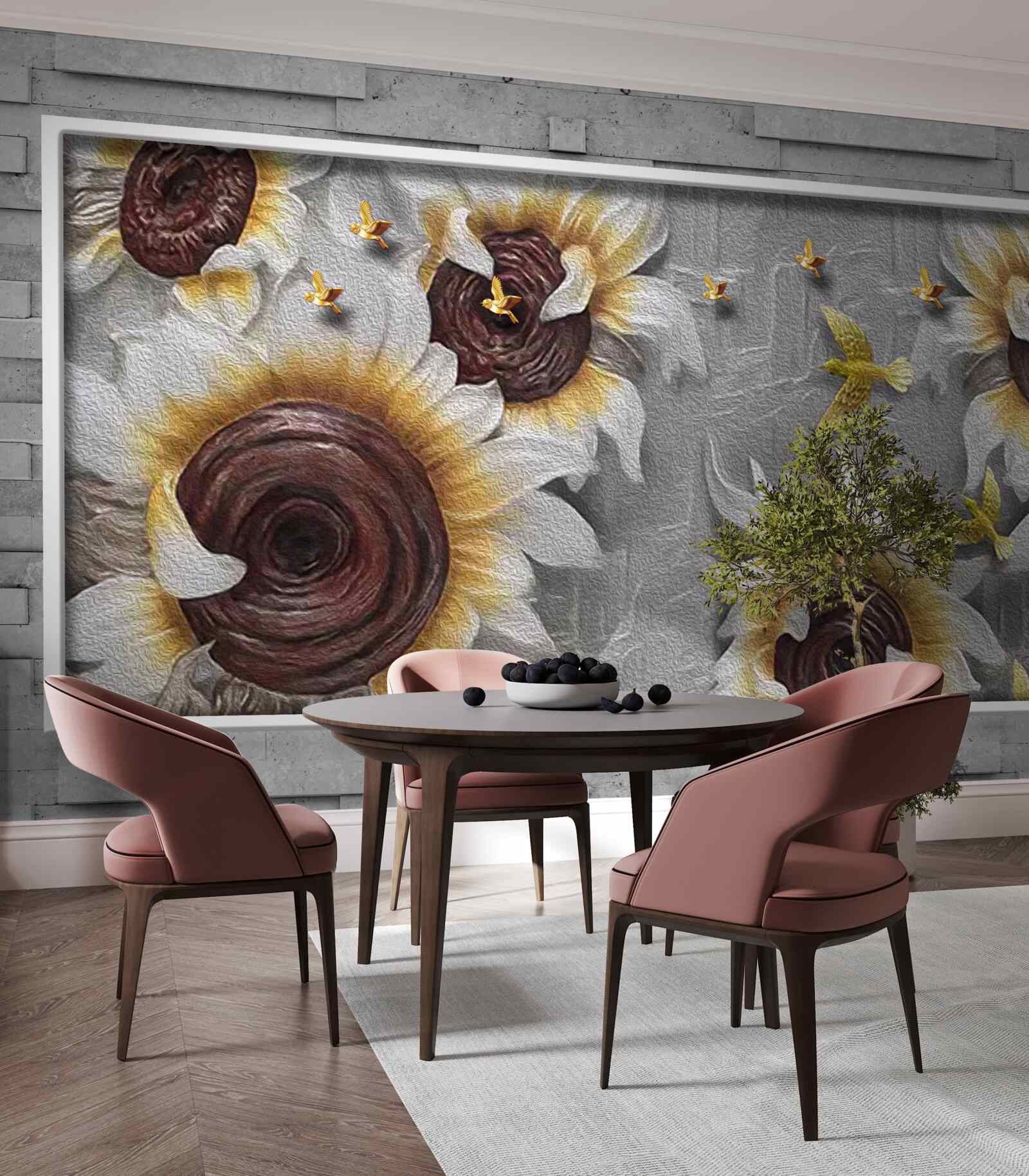Carta da parati girasoli bianchi e farfalle