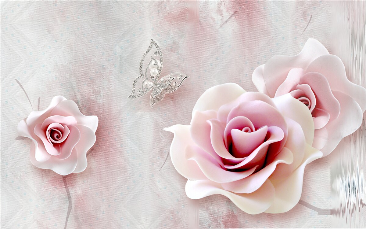 Carta da parati farfalle e boccioli di rosa