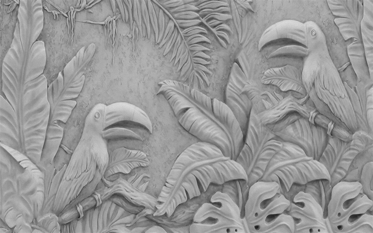 Carta da parati bassorilievo uccelli tropicali nella foresta