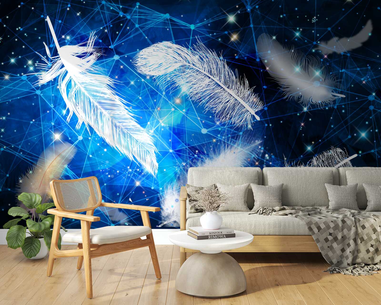 Carta da parati il cielo stellato come sfondo per le piume bianche